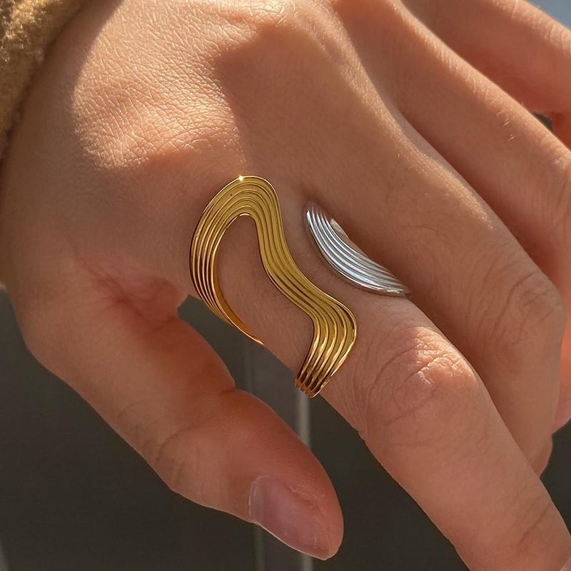 AiTURE Chunky Rings For Women, Gold Silver Thumb Ring Asymmetrical Wavy Curve Ring Adjustable Non Tarnish Dainty Stainless Steel New Year Anniversary Birthday Jewelry Gift - Image 5